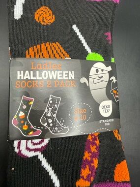 OEKO TEX Ladies Halloween Socks 2-Pack – Black with Orange, Purple & Green